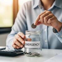 Person putting coin into glass jar labeled emergency fund with calculator nearby photo