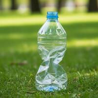 Crushed empty plastic water bottle with blue cap on green grass background photo
