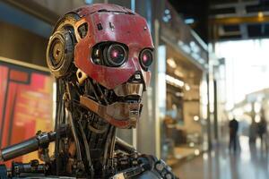 Futuristic robot standing in a modern building with glowing eyes photo