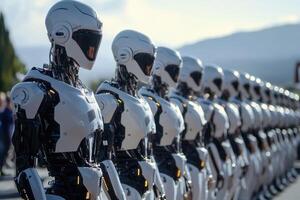 White robots standing in line showing artificial intelligence power photo