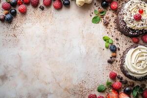 Delicious chocolate cakes with whipped cream, berries, and mint leaves creating a frame on beige surface photo