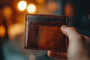 Hand holding leather wallet with credit cards on blurred background photo
