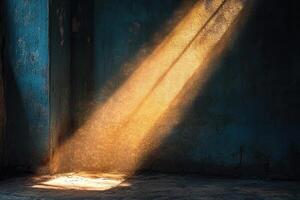 Sunlight illuminating dusty corner of abandoned room through window, creating atmospheric scene photo