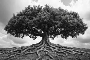 Majestic tree with large roots standing on a hill under cloudy sky in black and white photo