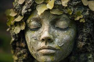 Stone face of mother nature resting with closed eyes and leaves in hair photo
