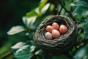 Nest with speckled bird eggs photo