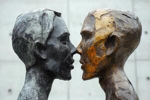 Two sculptures touching noses representing love and connection photo