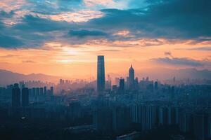 Shenzhen skyline illuminating during golden hour sunset with dramatic clouds photo