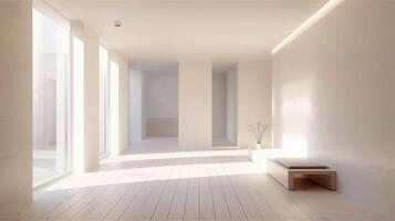 Empty interior of a new room with white walls, wood floor, and a bright window view photo