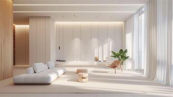 Modern 3D-rendered living room interior design featuring luxurious furniture, a comfortable sofa, and elegant decor creating a light and inviting apartment space photo