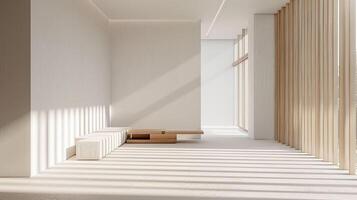 Modern empty house interior with staircase, window, and open door leading to a bright hall photo