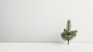 A festive green Christmas fir tree stands adorned with decorations in a room, with branches on a wooden background and floor, evoking the winter holiday season photo