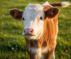 Beautiful close-up portrait of a young calf with striking white and brown fur, standing in a vibrant green pasture bathed in warm, golden hour sunlight photo