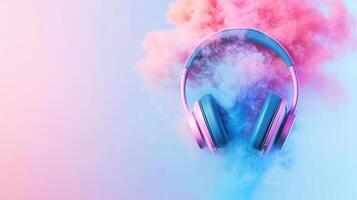 Colorful smoke enveloping wireless headphones, blazing against dark background with bokeh effect, generating dynamic visual energy photo