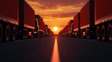 Several cargo trucks driving on highway at sunset, symbolizing logistics, transportation, the chain global supply and photo