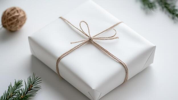 Minimalist white gift box decorated with a green sprig and tied with twine, conveying simplicity and elegance on a white background photo