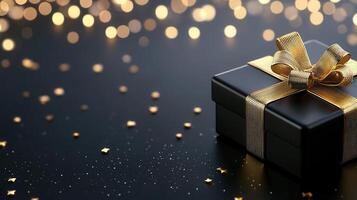 Luxurious black gift boxes adorned celebration golden ribbons, scattered confetti highlighting elegant with preparations photo