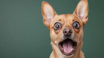 Studio shot and a surprised black dog against a gray background, of wide open, showing tongue mouth big eyes photo