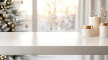 Christmas themed product placement background featuring a white table, candles, a snowy pine branch, and a blurred christmas tree with bokeh lights photo