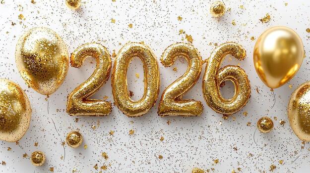 Golden balloons forming the number 2026 surrounded by confetti on a white background, celebrating the new year photo