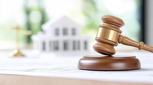 in decision making process symbolized by wooden gavel striking sound block, architectural blueprints and building model Legal blurred background photo