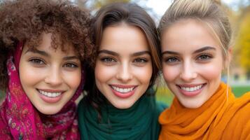 Diverse women standing side warm side amid golden autumn leaves, radiating friendship and happiness with genuine, by smiles photo