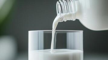 Milk streaming into glass, light frothy bubbles against dairy kitchen surface, capturing forming freshness photo