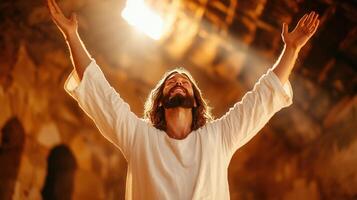 Man with arms raised in joy photo
