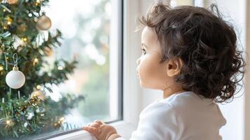 Dreaming child gazing out the window, captivated by twinkling christmas lights, embracing the magic and warmth of the holiday season photo