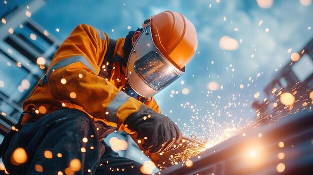Welder wearing protective gear using welding torch on metal structure, sparks flying, with blue sky and clouds in background photo