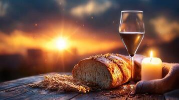 Glass of wine beside bread and candle photo