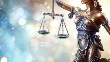 Bronze statue of and justice, blindfolded and holding scales, set against lady blurred, sparkling background, symbolizes fairness a equality photo