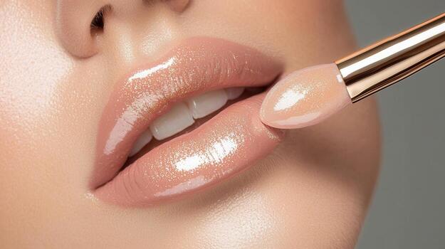 Close up of a makeup artist using a brush to apply shimmering golden lip gloss, touch a adding of glamour photo