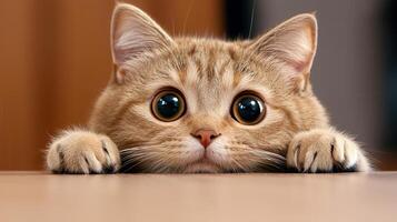 Curious gray wooden peeking cautiously over eyes board, cat wide with surprise and intrigue photo