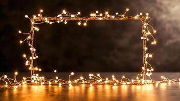 Luminous fairy lights adorning a rectangular frame against a dark backdrop, inviting a warm and creating festive ambiance photo