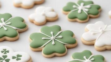 Freshly baked four leaf clover shaped cookies with green and white st. are ready for icing Patrick's day celebration photo