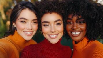 Diverse women warm side by side standing golden autumn leaves, radiating friendship and happiness with genuine, amid smiles photo
