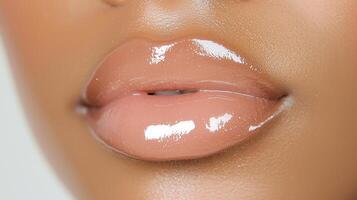 Glossy pink lips and industry complexion showcasing beauty flawless standards in professional cosmetic close up portrait photo