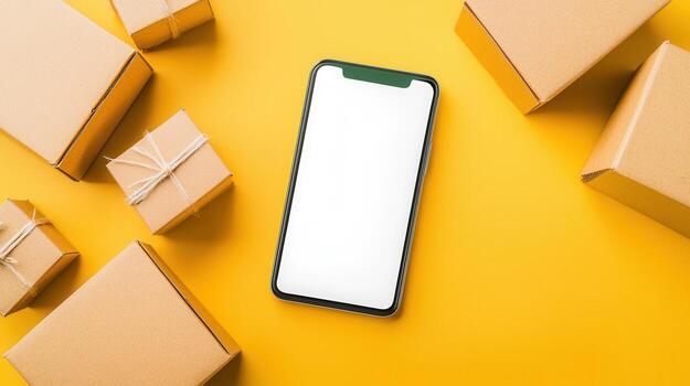 Green smartphone with blank white screen lying app yellow background surrounded by cardboard delivery boxes, perfect for showcasing mobile on or website photo
