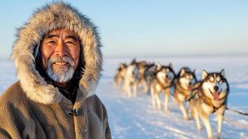 across man wearing traditional clothing smiles while his husky sled dogs pull him Inuit a snowy arctic landscape photo