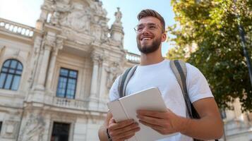 Male college tablet smiling, student digital browsing while walking across autumn university campus photo