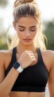 Young outside, sportswoman her smartwatch after training using checking fitness progress and health data photo