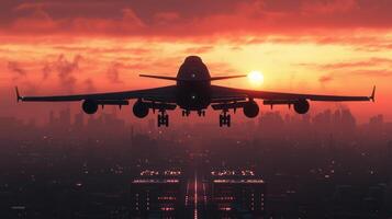 Cargo containers airplane over an illuminated city port, showcasing soaring against a vibrant sunset backdrop, creating a dramatic scene photo