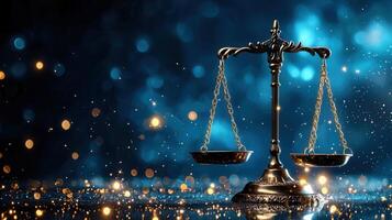 Metal scale representing justice, law, and equality, balanced against a vibrant digital backdrop with glowing lights photo