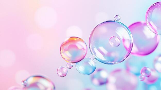 Iridescent with bubbles drifting over soft pastel gradient, reflecting light ethereal, soap delicate shimmer photo