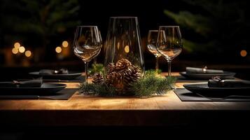 Christmas dinner table with wine glasses photo