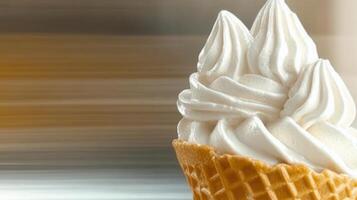 Creamy soft serve ice cream topped with chocolate sprinkles sits in a crispy waffle cone, a refreshing summer treat photo