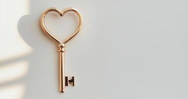 Golden key with heart shaped top signifying unlocking love, secrets, emotions, or valentine's day romance photo