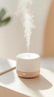 White aromatherapy diffuser releasing a fragrant mist in a sunlit room, promoting relaxation and wellness photo