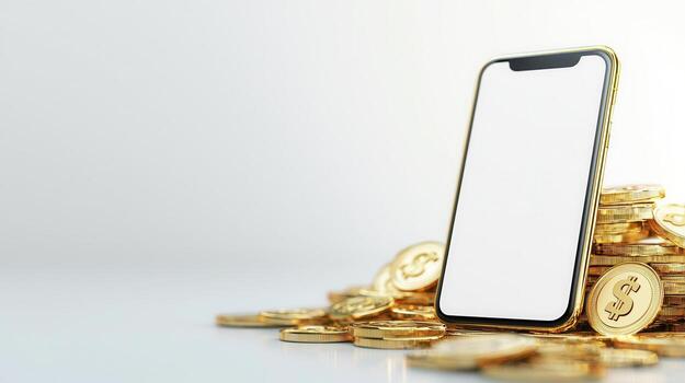Gold coins surrounding a smartphone with blank white screen, representing online banking, mobile payment and fintech photo